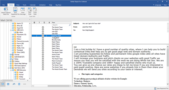 Repair For Outlook – Preview Of Repaired PST File