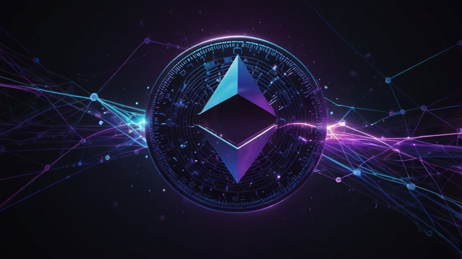 Digital illustration of Ethereum’s logo glowing amidst a network of interconnected nodes, symbolizing its decentralized blockchain ecosystem.