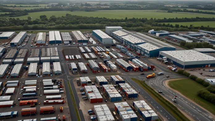 Aerial view of a busy UK industrial estate with factories, warehouses, and transport vehicles operating under cloudy skies