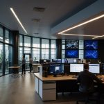 A bustling UK tech hub with professionals collaborating in a modern office, symbolizing the sector's growth and innovation.