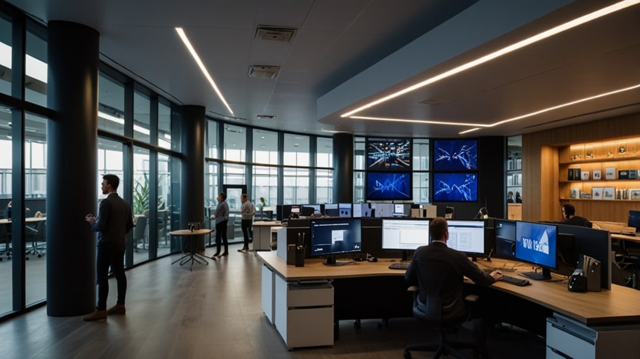 A bustling UK tech hub with professionals collaborating in a modern office, symbolizing the sector's growth and innovation.