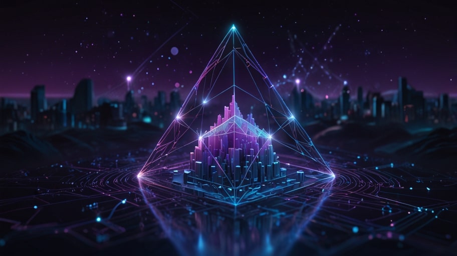 A digital illustration of Ethereum’s logo glowing against a futuristic blockchain network with interconnected nodes and vibrant blue hues.