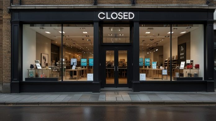 A modern UK retail storefront with a closed sign, reflecting cyber disruption and economic challenges in the retail sector.