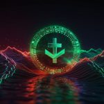 A glowing USDT logo hovers above a turbulent digital sea, symbolizing Tether’s stability amidst cryptocurrency volatility.