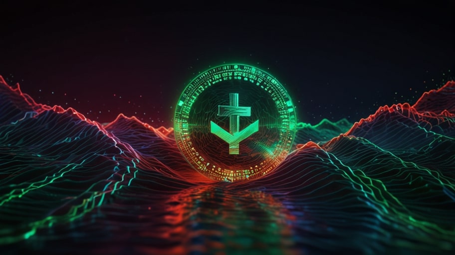 A glowing USDT logo hovers above a turbulent digital sea, symbolizing Tether’s stability amidst cryptocurrency volatility.