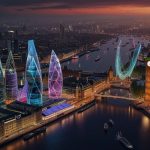 A panoramic view of London’s financial district with modern skyscrapers and digital technology icons overlayed, symbolizing the UK’s thriving technology sector in 2024.