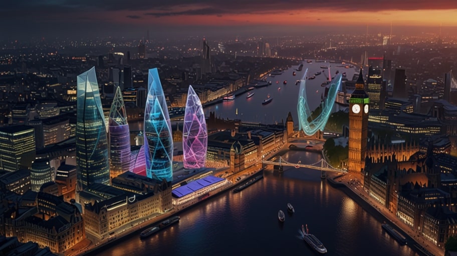 A panoramic view of London’s financial district with modern skyscrapers and digital technology icons overlayed, symbolizing the UK’s thriving technology sector in 2024.