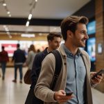 A contemporary UK high street retail store featuring digital displays, contactless payment terminals, and customers using mobile devices, highlighting the integration of technology and traditional shopping.