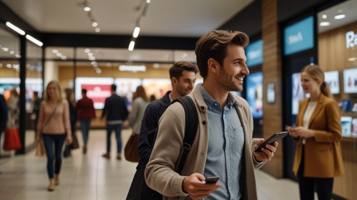 A contemporary UK high street retail store featuring digital displays, contactless payment terminals, and customers using mobile devices, highlighting the integration of technology and traditional shopping.