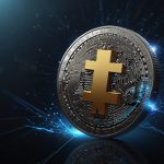 A vibrant digital illustration of the Litecoin logo, featuring a silver coin with the LTC symbol, set against a futuristic blockchain-inspired background with glowing blue and gray hues.