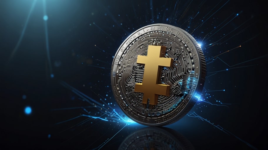 A vibrant digital illustration of the Litecoin logo, featuring a silver coin with the LTC symbol, set against a futuristic blockchain-inspired background with glowing blue and gray hues.