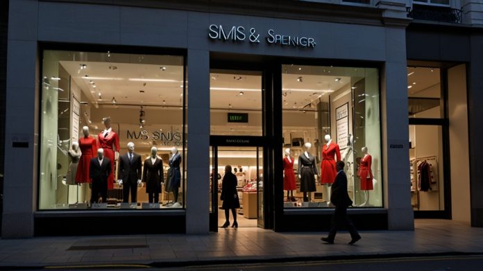 Vibrant Marks & Spencer storefront in London, showcasing its iconic British retail presence with inviting displays.