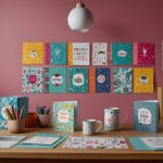 Moonpig’s vibrant card design studio with customised greeting cards displayed on a desk.