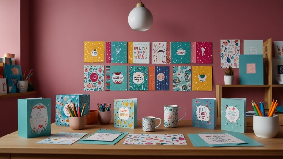 Moonpig’s vibrant card design studio with customised greeting cards displayed on a desk.