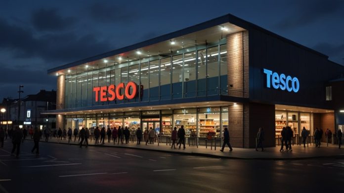 A brightly lit Tesco supermarket storefront at dusk, showcasing its modern design with prominent signage and welcoming entrance, bustling with shoppers.