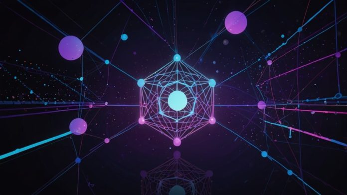Digital illustration of Polkadot’s logo with interconnected blockchain nodes in a vibrant, futuristic network design.