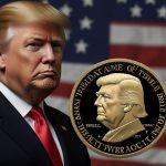 A vibrant digital graphic featuring the $TRUMP meme coin logo with a stylized image of Donald Trump in a bold pose, set against a gold and red background with cryptocurrency symbols.