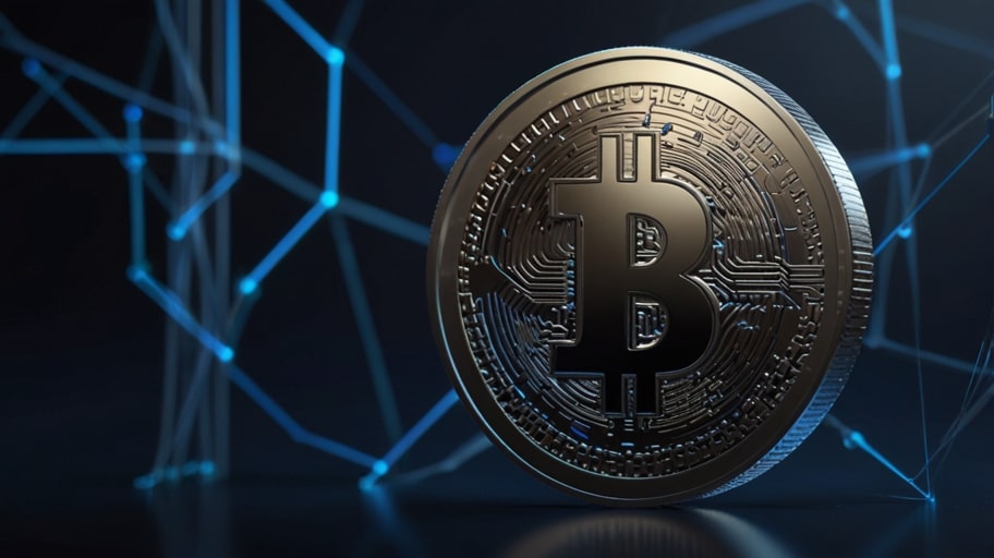 A sleek digital illustration of the Litecoin logo, featuring a silver coin with the prominent "L" symbol, set against a futuristic blue and gray blockchain network background with glowing nodes and transaction lines.