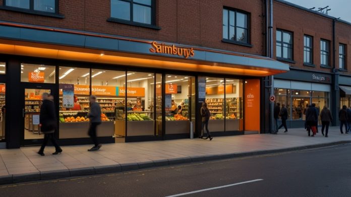Modern Sainsbury’s convenience store with a brightly lit facade, showcasing fresh produce displays and eco-friendly signage in an urban UK setting.