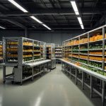 A high-tech Ocado warehouse with robotic arms sorting groceries efficiently.
