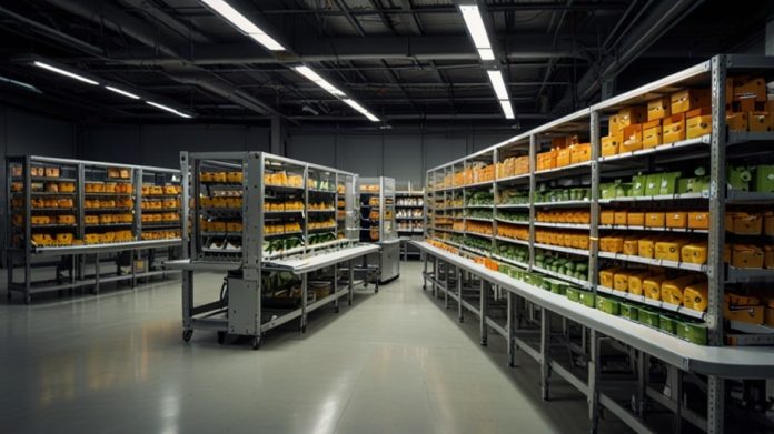 A high-tech Ocado warehouse with robotic arms sorting groceries efficiently.