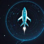 A digital illustration of the Stellar Lumens (XLM) logo, featuring a sleek, blue rocket orbiting a white star on a transparent background, symbolizing fast cross-border transactions.