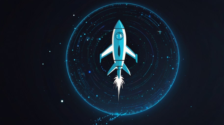 A digital illustration of the Stellar Lumens (XLM) logo, featuring a sleek, blue rocket orbiting a white star on a transparent background, symbolizing fast cross-border transactions.