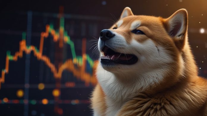 A vibrant digital illustration of a Shiba Inu dog surrounded by glowing cryptocurrency coins, with a dynamic graph showing a rising trend in the background, symbolizing the surge of the SHIB token.
