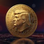 A vibrant digital illustration of the OFFICIAL TRUMP cryptocurrency token, featuring a golden coin with a stylized "TRUMP" logo and blockchain-inspired patterns in the background.