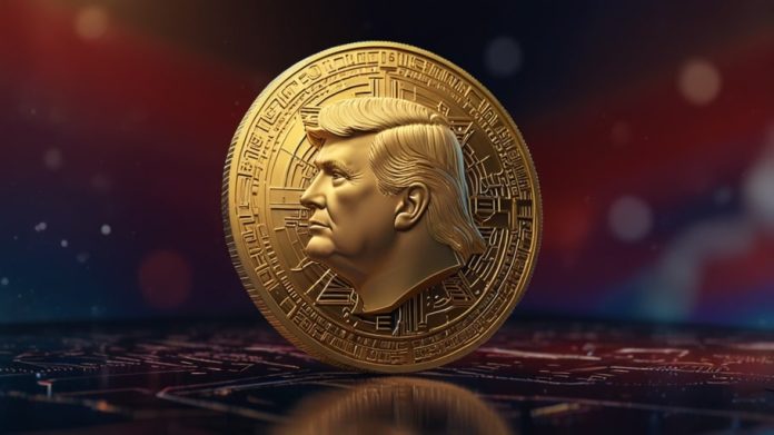 A vibrant digital illustration of the OFFICIAL TRUMP cryptocurrency token, featuring a golden coin with a stylized 