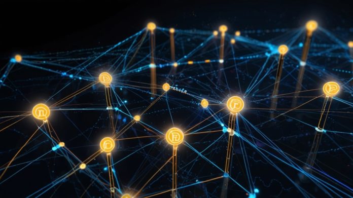 A vibrant digital illustration of the TRON blockchain network, featuring interconnected nodes and glowing TRX tokens against a futuristic blue and black backdrop, symbolizing decentralized finance and content sharing.