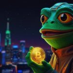 A vibrant digital illustration of the Pepe the Frog meme character, holding a glowing green Pepe Coin with the Ethereum logo in the background, set against a neon-lit crypto market chart.