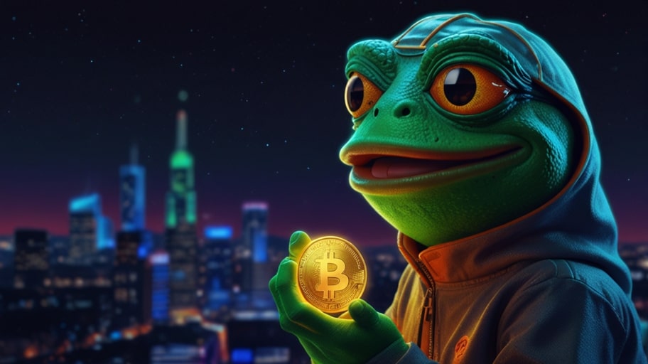 A vibrant digital illustration of the Pepe the Frog meme character, holding a glowing green Pepe Coin with the Ethereum logo in the background, set against a neon-lit crypto market chart.