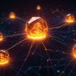 A vibrant digital illustration of the Solana blockchain, featuring interconnected nodes and glowing SOL tokens against a futuristic network background.