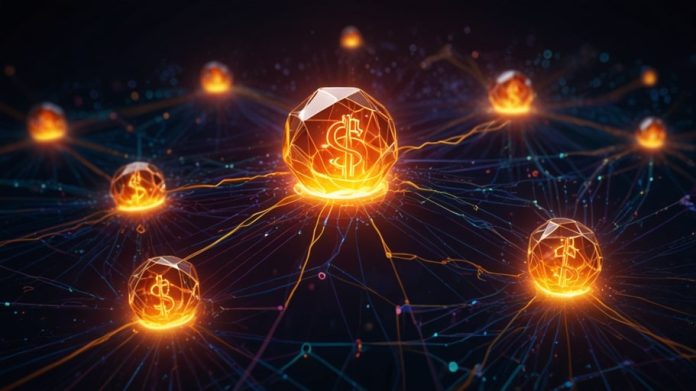 A vibrant digital illustration of the Solana blockchain, featuring interconnected nodes and glowing SOL tokens against a futuristic network background.