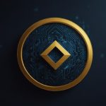 A vibrant digital illustration of the Binance Coin (BNB) logo, featuring a golden coin with the BNB symbol prominently displayed against a dynamic, futuristic blue and black background with subtle blockchain patterns.