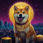 A colorful digital illustration of the Dogecoin logo, featuring a Shiba Inu dog with a glowing gold coin backdrop, set against a dynamic blue and purple gradient.
