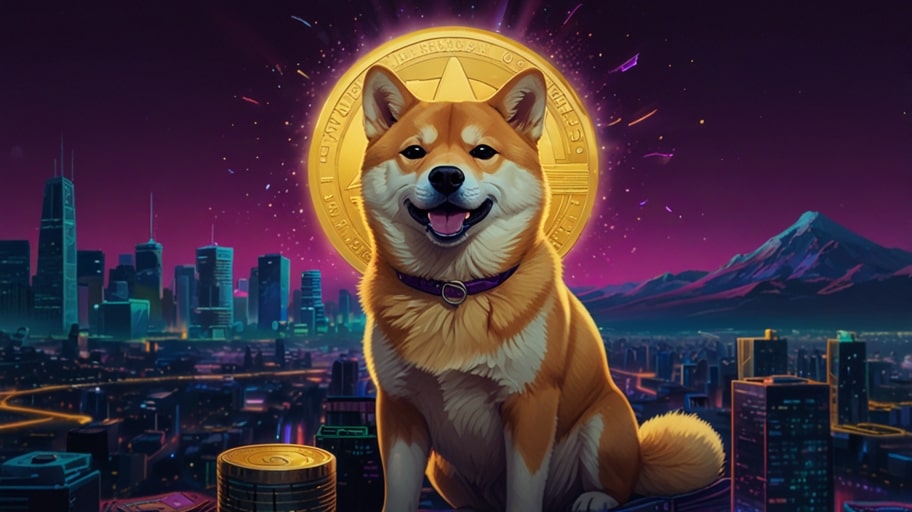 A colorful digital illustration of the Dogecoin logo, featuring a Shiba Inu dog with a glowing gold coin backdrop, set against a dynamic blue and purple gradient.