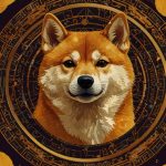A colorful digital illustration of the Dogecoin logo, featuring a Shiba Inu dog against a glowing yellow and orange background with abstract crypto-themed patterns.