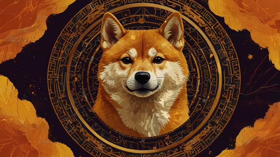 A colorful digital illustration of the Dogecoin logo, featuring a Shiba Inu dog against a glowing yellow and orange background with abstract crypto-themed patterns.