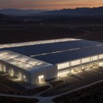 Aerial view of Tesla’s Gigafactory illuminated at dusk, showcasing modern industrial architecture.