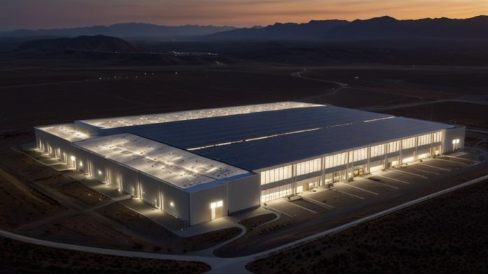 Aerial view of Tesla’s Gigafactory illuminated at dusk, showcasing modern industrial architecture.