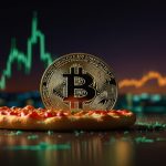 A digital illustration of a golden Bitcoin symbol glowing against a vibrant chart with an upward-trending green line, symbolizing the cryptocurrency’s record-breaking surge on May 24, 2025, with a pizza slice subtly integrated in the background.
