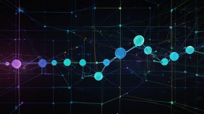 A futuristic digital illustration of the Hedera Hashgraph network, featuring interconnected nodes and glowing HBAR tokens against a dark blockchain-inspired background.
