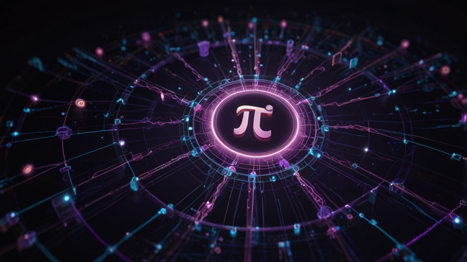 A digital illustration of the Pi Network cryptocurrency logo, featuring a stylized purple pi symbol glowing against a futuristic blockchain-inspired background with interconnected nodes and data streams.