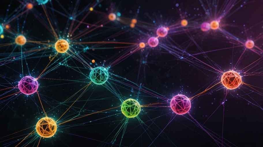 Digital illustration of Hedera Hashgraph’s network, showcasing interconnected nodes with glowing lines and the HBAR logo, symbolizing blockchain transactions and stablecoin growth.