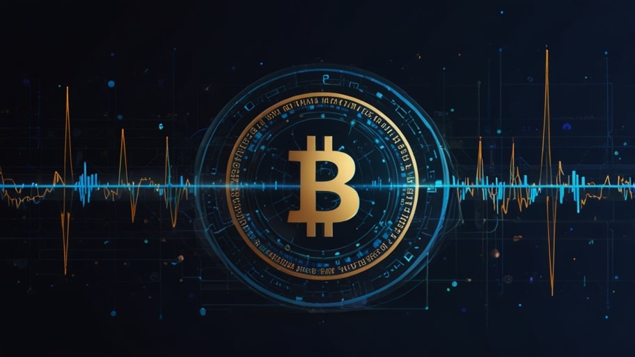 A digital illustration of the USDC stablecoin logo, featuring a blue and white circular design with interconnected lines, set against a futuristic blockchain-inspired background with glowing nodes.