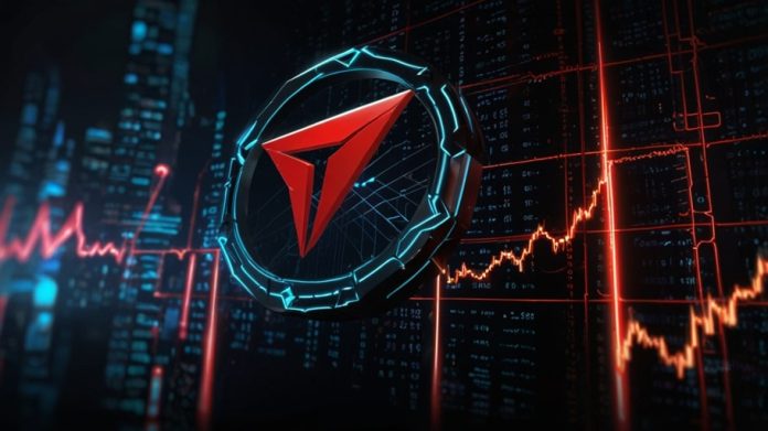 A digital illustration of a glowing TRON logo with a graph showing its rising market cap and price in 2025.