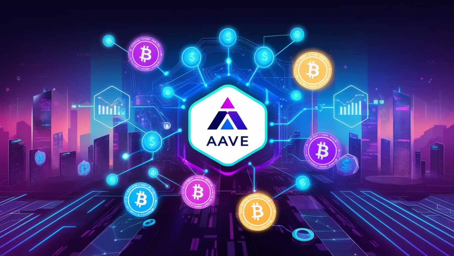 Digital illustration of Aave’s logo with glowing financial charts and blockchain nodes, symbolizing DeFi growth.