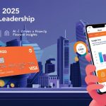 A vibrant digital illustration of Monzo’s coral-colored debit card and mobile app interface, showcasing budgeting tools and financial insights on a smartphone screen, set against a modern UK cityscape.